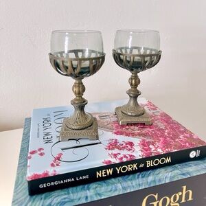 Vintage Pair of Brass Metal Candle Holders with Glass